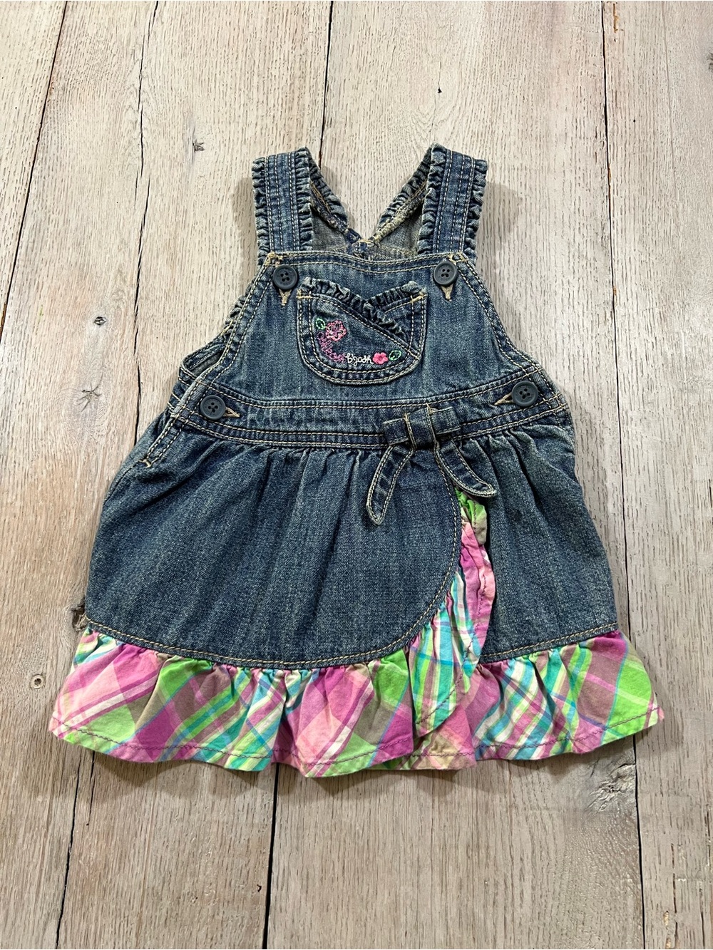 OshKosh B'Gosh 9 Months Vestbak Dress Jumper Blue Denim Jean Sleeveless Ruffles